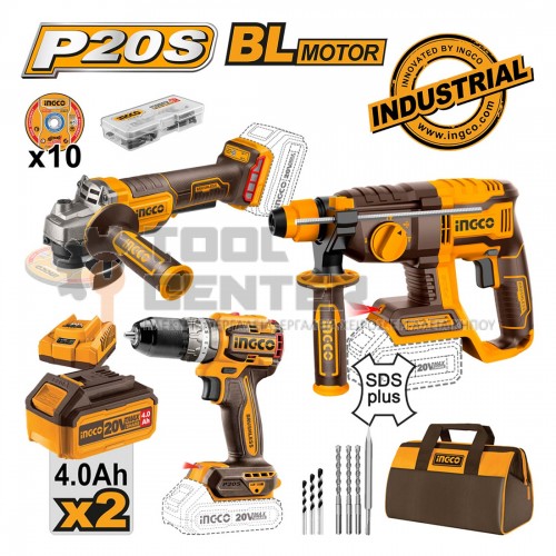 INGCO COSLI240202 ΣΕΤ ΓΩΝΙΑΚΟΣ ΤΡΟΧΟΣ - ΚΡΟΥΣΤΙΚΟ ΔΡΑΠΑΝΟΚΑΤΣΑΒΙΔΟ & ΠΙΣΤΟΛΕΤΟ 20V ME 2x 4.0Ah & ΤΣΑΝΤΑ ΜΕΤΑΦΟΡΑΣ (#COSLI240202)